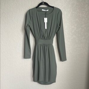 Susana Monaco Slate Muted Green Crew Tie Back Dress Long Sleeve Dress Medium